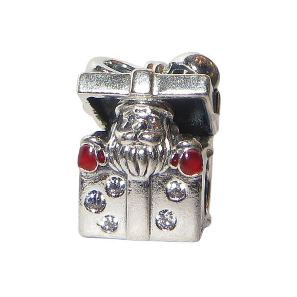 Authentic Christmas Santa in a Present Red Enamel Clear CZ .925 Charm 798470C01 - Picture 1 of 6